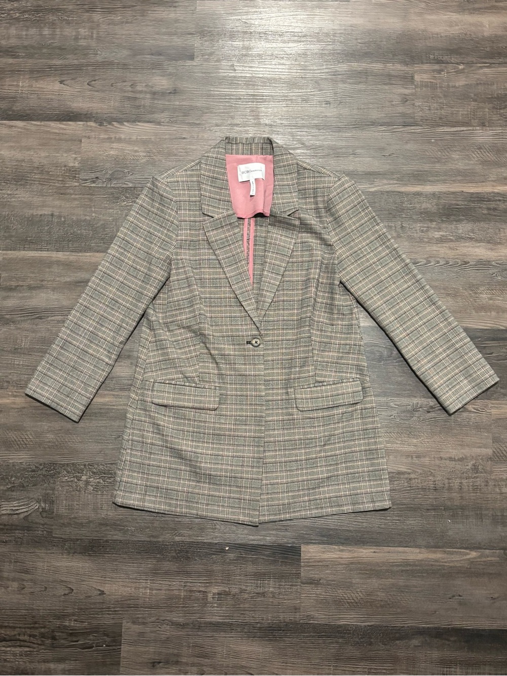 BCBGeneration Gray Plaid Blazer with Pink Lining